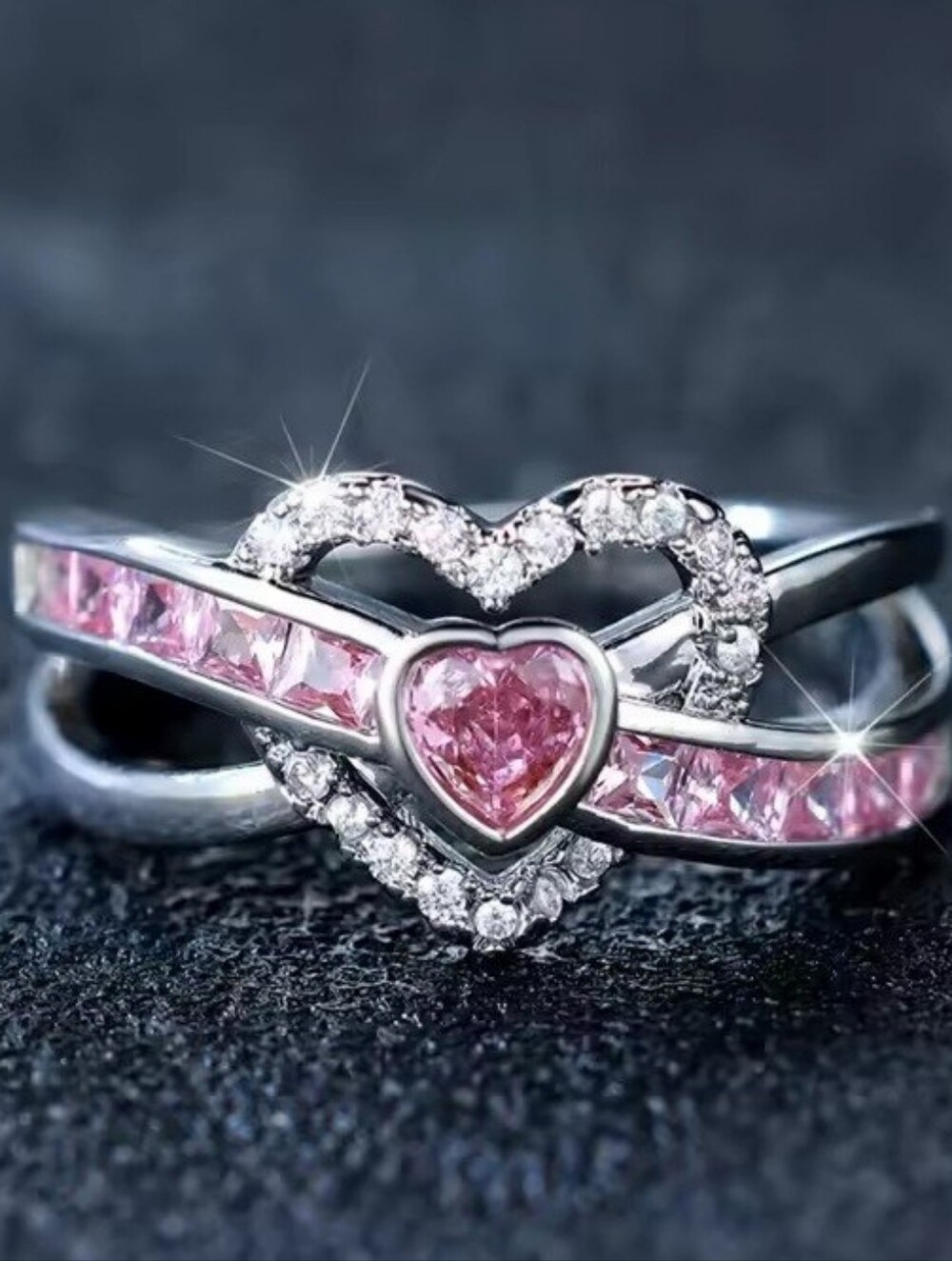 Silver Tone Pink Heart Ring Size 7 Princess Cut CZ Romantic Promise Ring Gift
